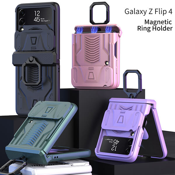 Samsung Galaxy Z Flip 4 Magnetic Protective Case with Ring Holder and Slide Lens Cover