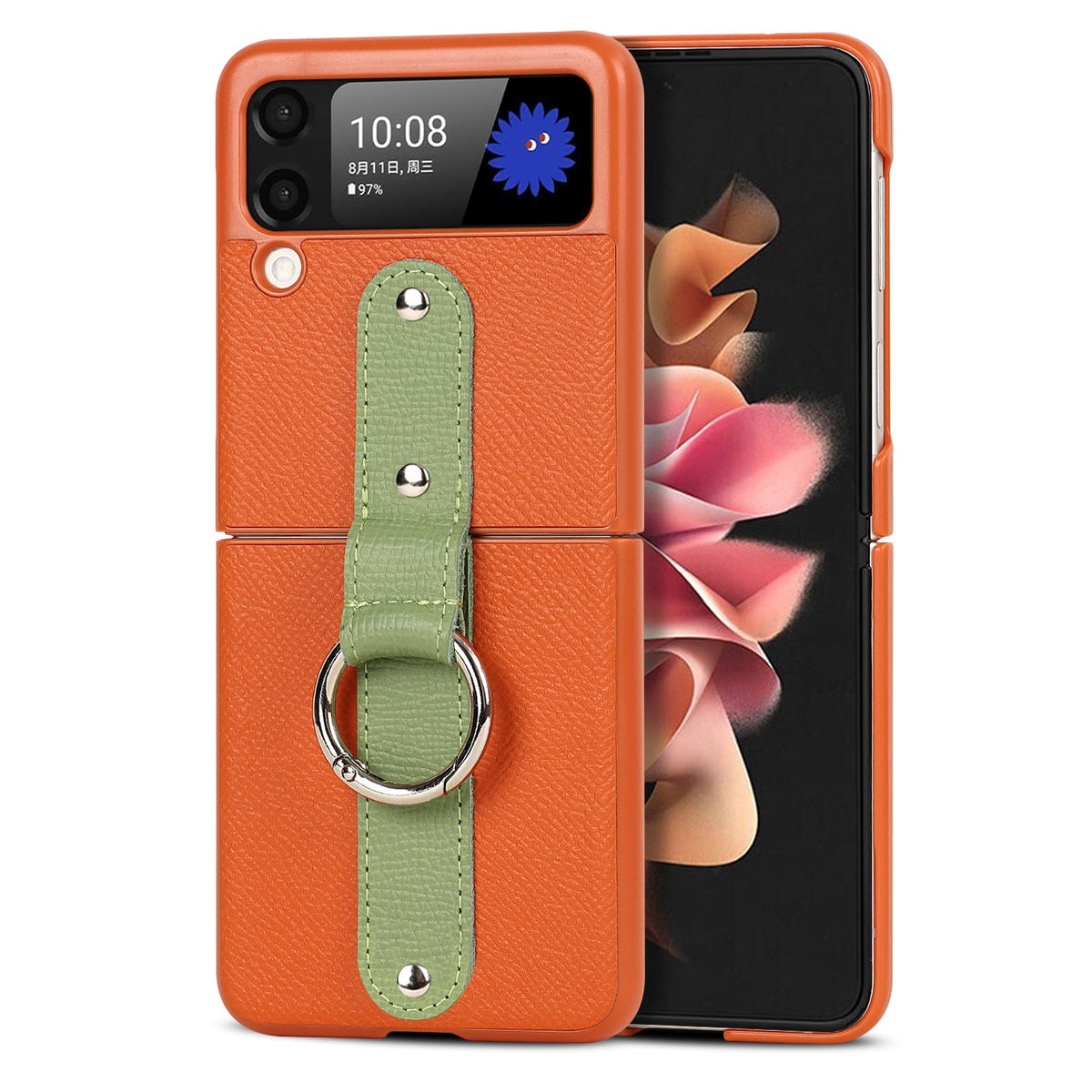 Samsung Galaxy Z Flip 3 Genuine Leather Crossbody Phone Case with Ring