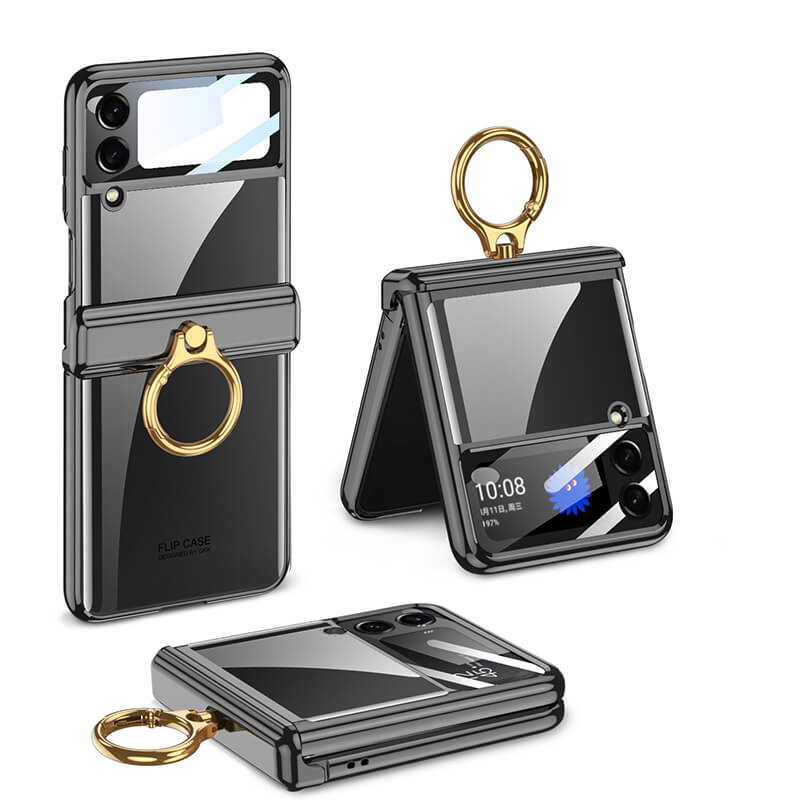 Samsung Galaxy Z Flip 4 Transparent Case with Hinge Protection, Ring Holder and Small Screen Film