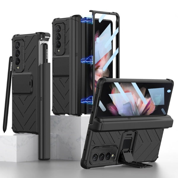 Samsung Galaxy Z Fold 3 Case With Sliding Cover Pen Box and Magnetic Armor Hinge Protection