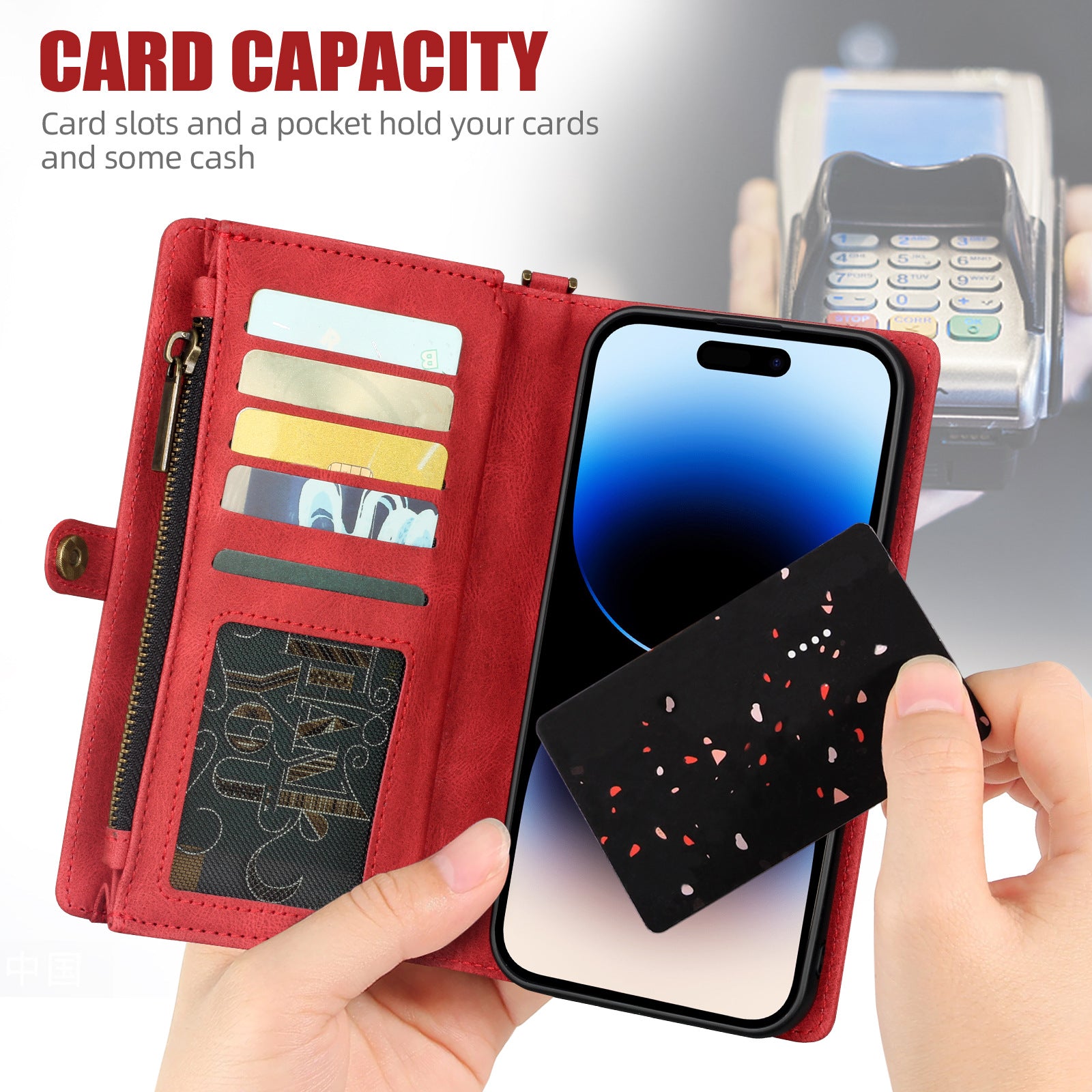 iPhone Series PU Suede Leather Wallet Case – Magnetic Detachable, 5 Card Slots, Zipper Pocket & Wrist Strap