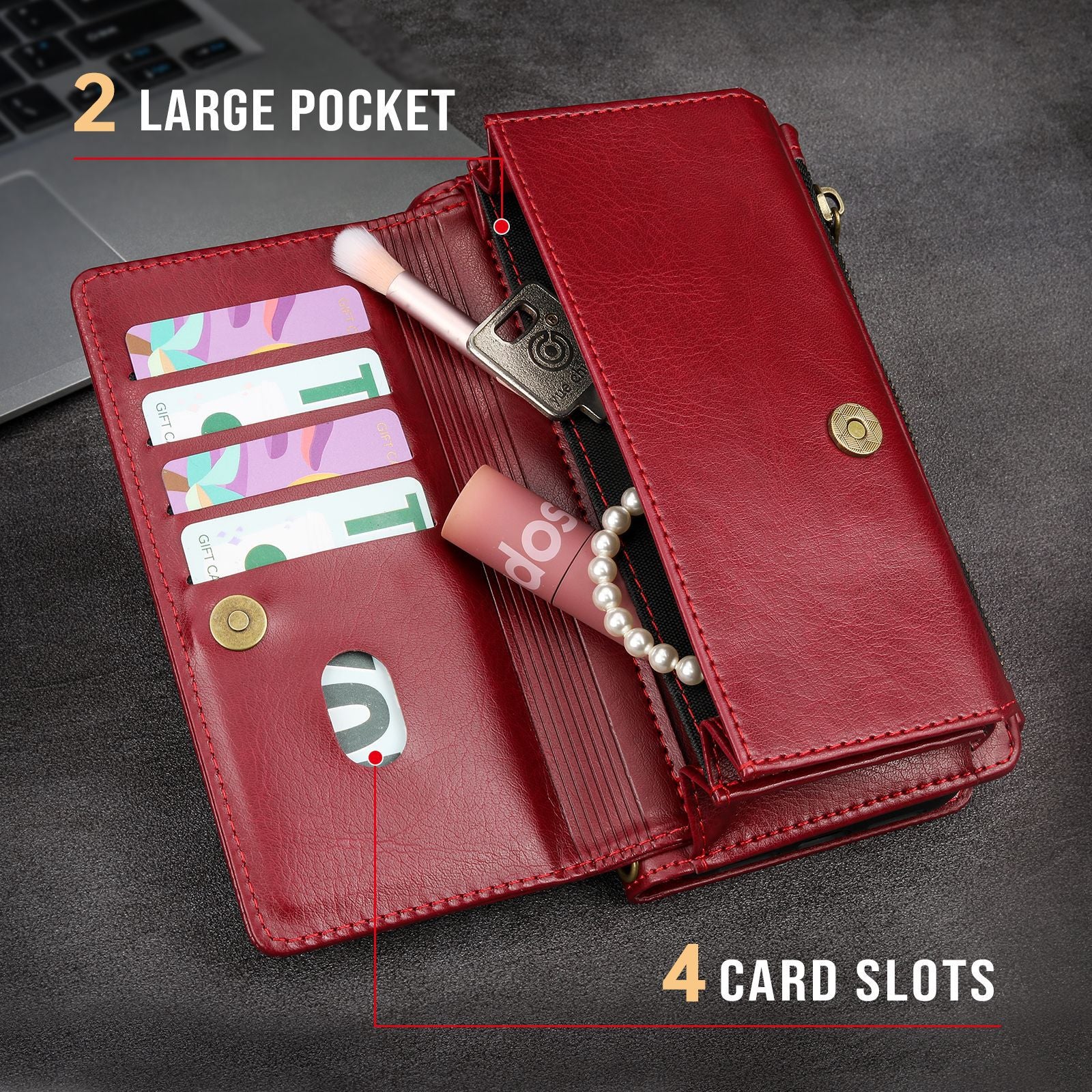 iPhone Series PU Leather Wallet Case – Magnetic Detachable, 4 Card Slots, Zipper Pocket, Cash Slot & Wrist Strap – Available in Red, Brown, Black