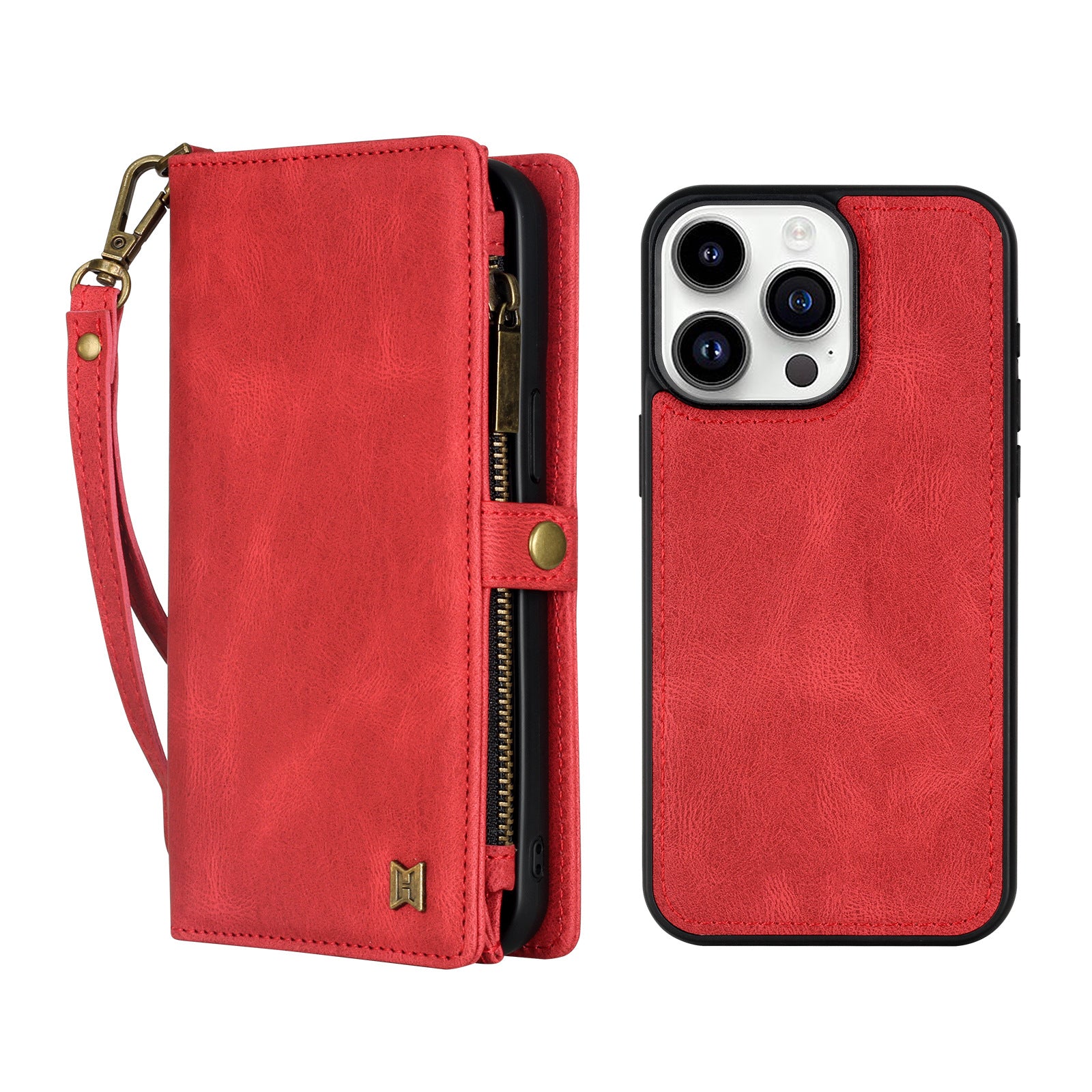 iPhone Series PU Suede Leather Wallet Case – Magnetic Detachable, 5 Card Slots, Zipper Pocket & Wrist Strap