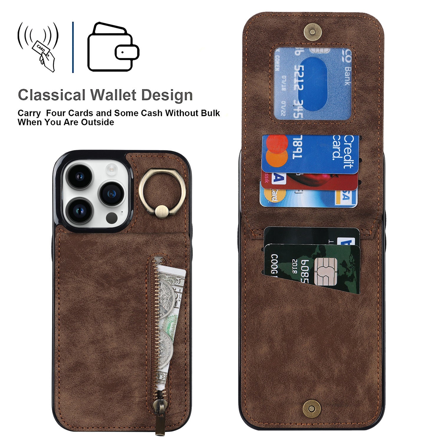 iPhone 15 & 16 Series Wallet Case with 5 Card Slots, Zipper Coin Pocket & Ring Stand