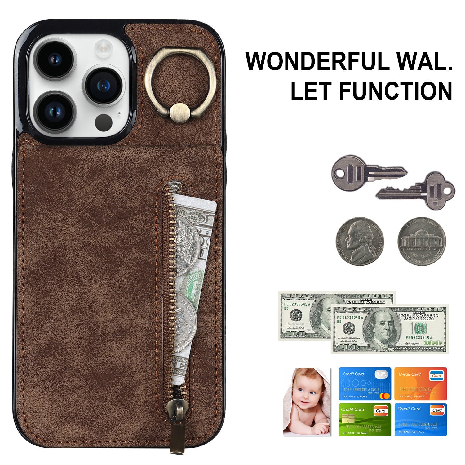 iPhone 15 & 16 Series Wallet Case with 5 Card Slots, Zipper Coin Pocket & Ring Stand