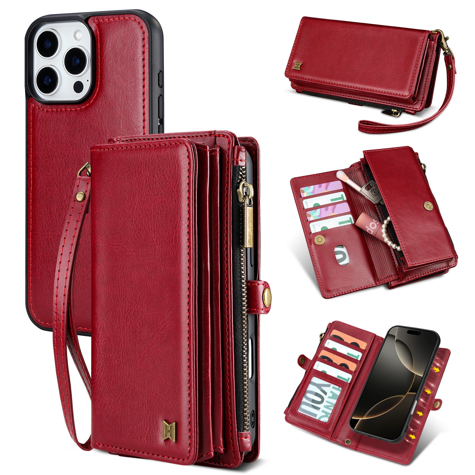 iPhone Series PU Leather Wallet Case – Magnetic Detachable, 4 Card Slots, Zipper Pocket, Cash Slot & Wrist Strap – Available in Red, Brown, Black