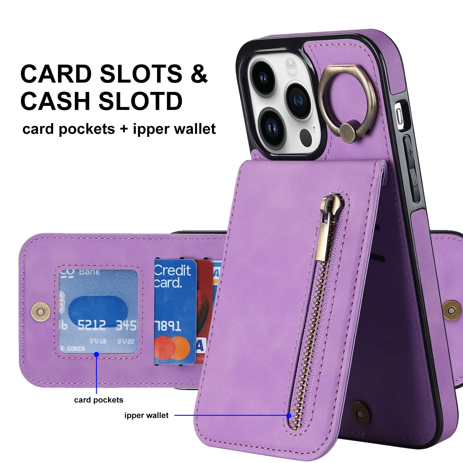 iPhone 15 & 16 Series Wallet Case with 5 Card Slots, Zipper Coin Pocket & Ring Stand