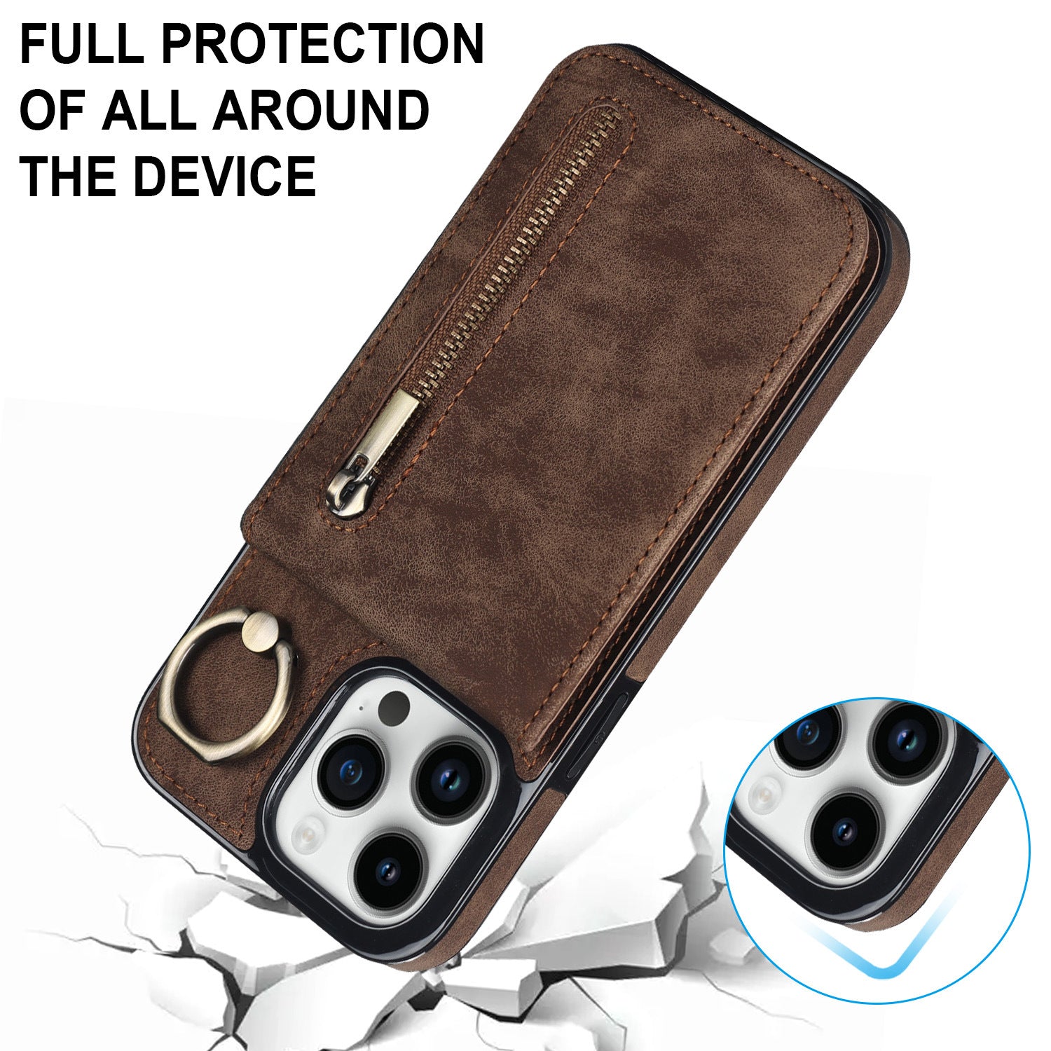 iPhone 15 & 16 Series Wallet Case with 5 Card Slots, Zipper Coin Pocket & Ring Stand