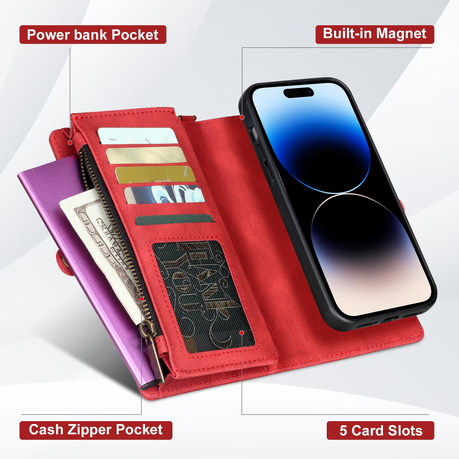 iPhone Series PU Suede Leather Wallet Case – Magnetic Detachable, 5 Card Slots, Zipper Pocket & Wrist Strap