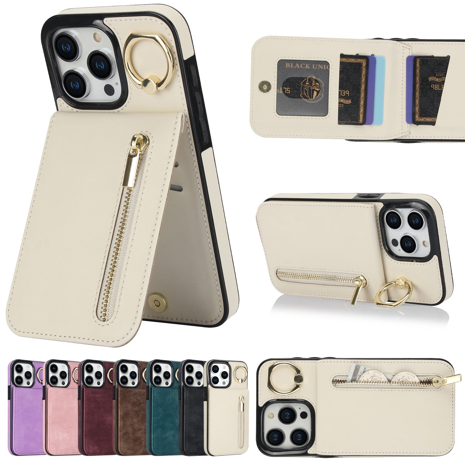 iPhone 15 & 16 Series Wallet Case with 5 Card Slots, Zipper Coin Pocket & Ring Stand