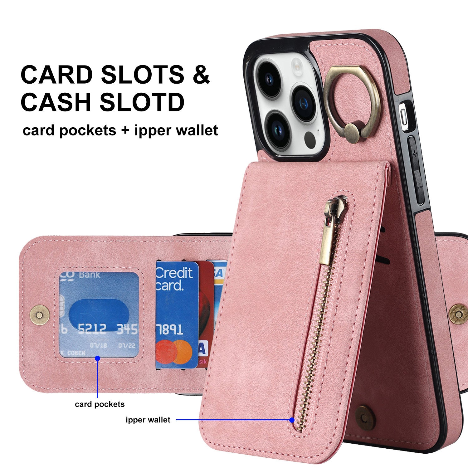 iPhone 15 & 16 Series Wallet Case with 5 Card Slots, Zipper Coin Pocket & Ring Stand