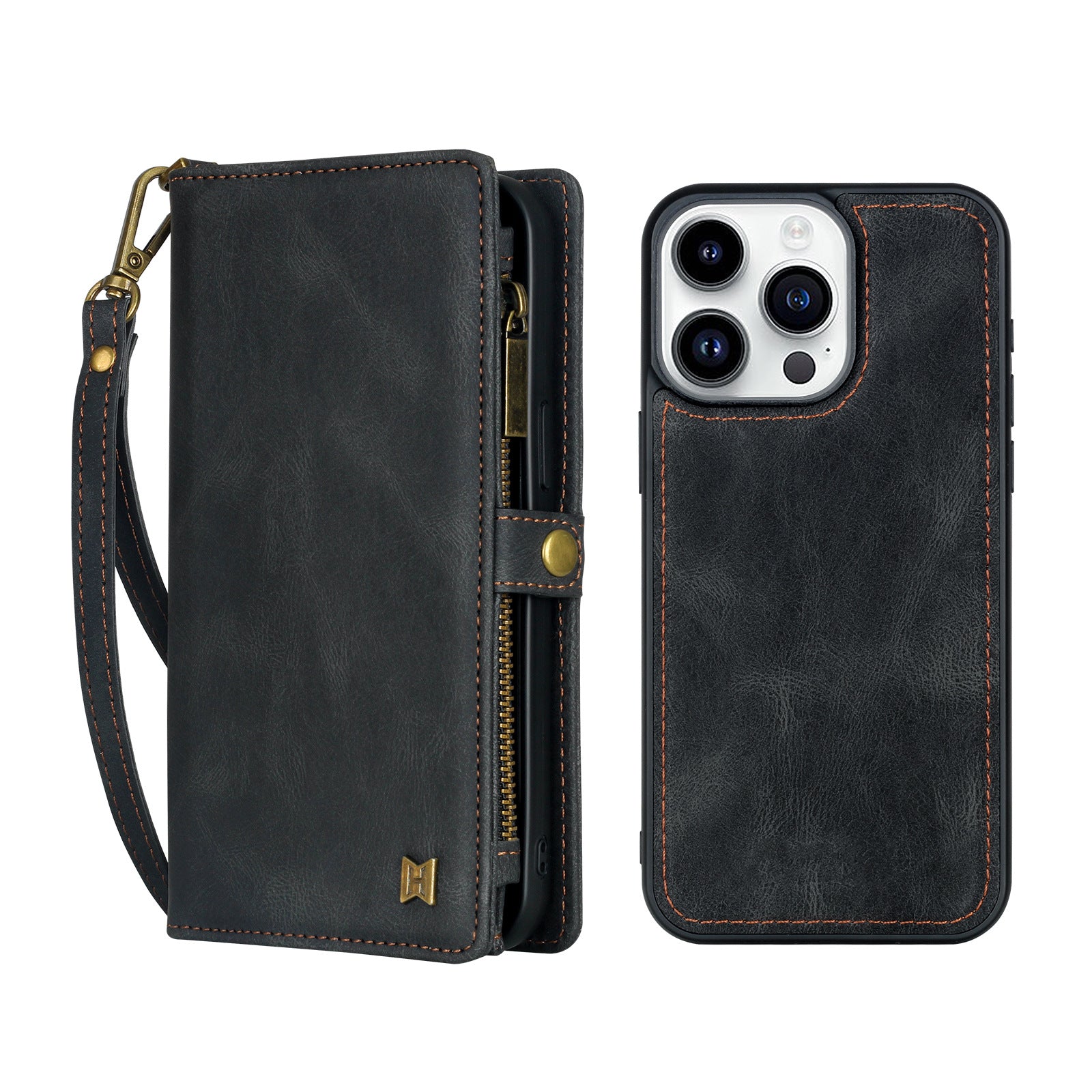 iPhone Series PU Suede Leather Wallet Case – Magnetic Detachable, 5 Card Slots, Zipper Pocket & Wrist Strap