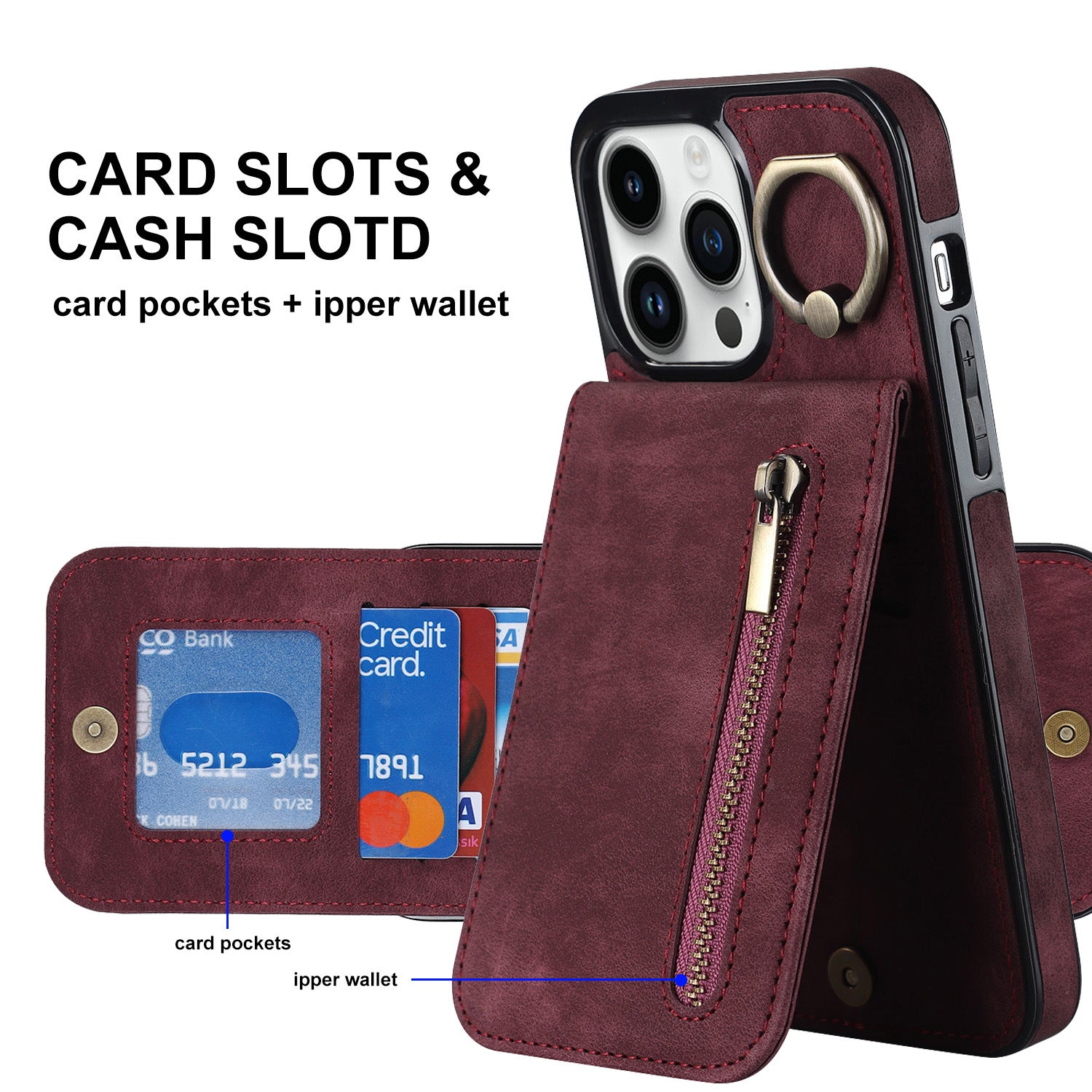 iPhone 15 & 16 Series Wallet Case with 5 Card Slots, Zipper Coin Pocket & Ring Stand