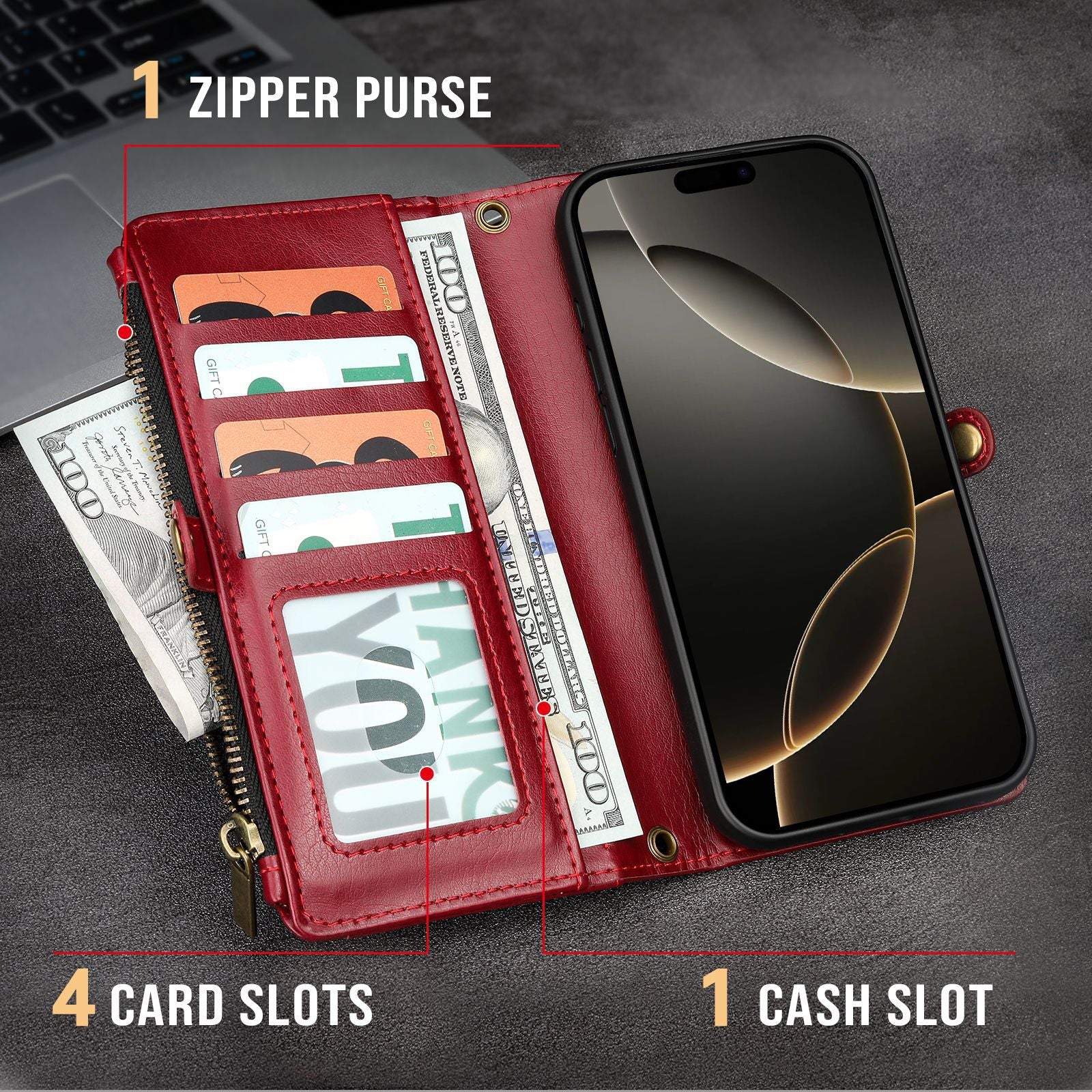 iPhone Series PU Leather Wallet Case – Magnetic Detachable, 4 Card Slots, Zipper Pocket, Cash Slot & Wrist Strap – Available in Red, Brown, Black