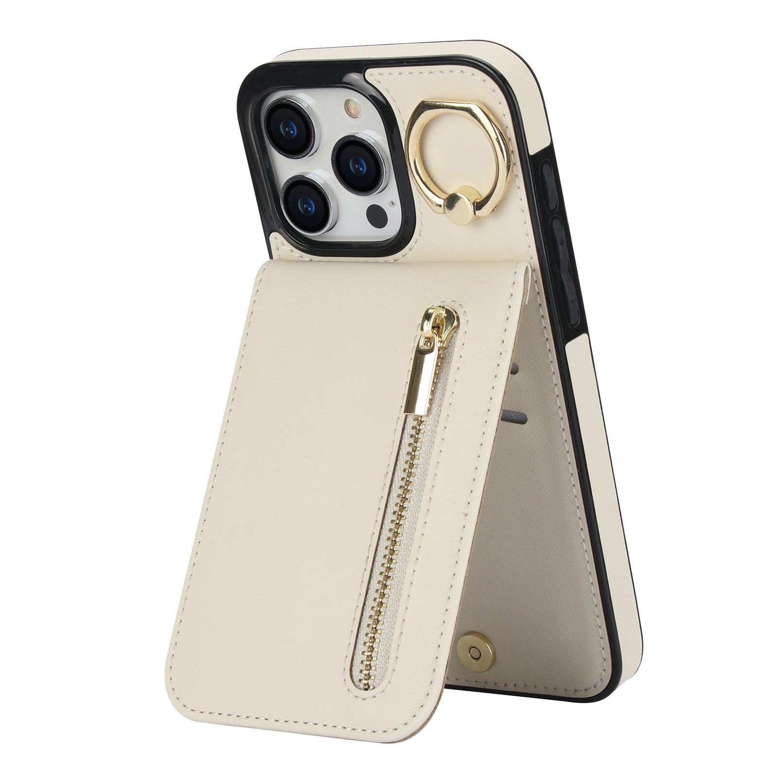 iPhone 15 & 16 Series Wallet Case with 5 Card Slots, Zipper Coin Pocket & Ring Stand