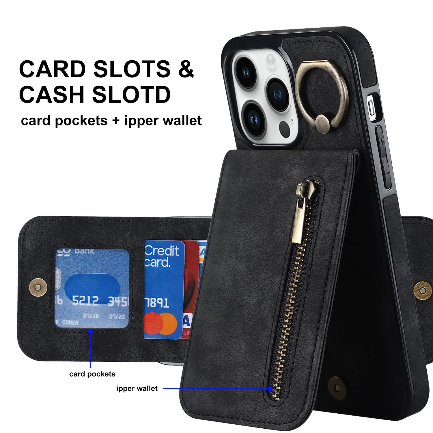 iPhone 15 & 16 Series Wallet Case with 5 Card Slots, Zipper Coin Pocket & Ring Stand