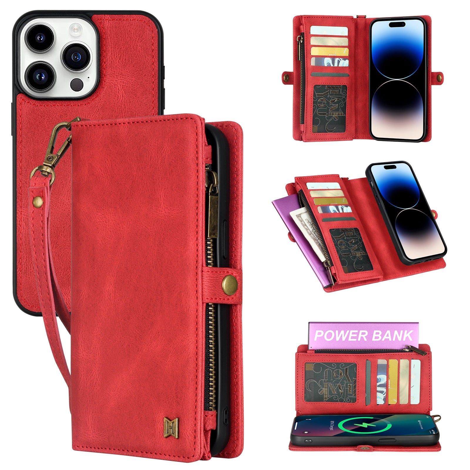 iPhone Series PU Suede Leather Wallet Case – Magnetic Detachable, 5 Card Slots, Zipper Pocket & Wrist Strap