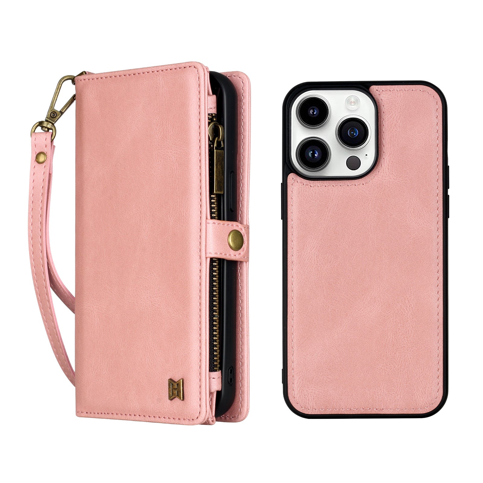 iPhone Series PU Suede Leather Wallet Case – Magnetic Detachable, 5 Card Slots, Zipper Pocket & Wrist Strap