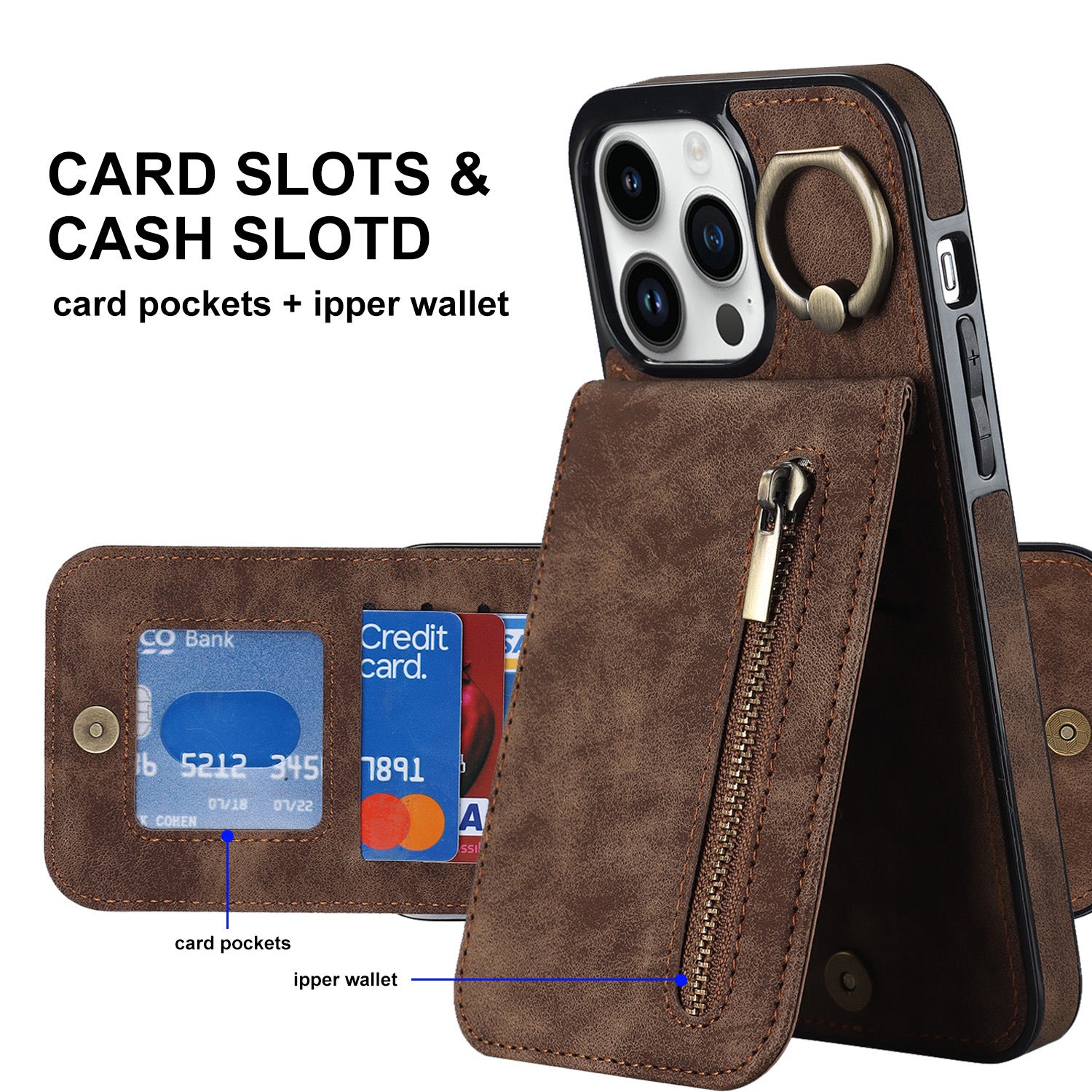 iPhone 15 & 16 Series Wallet Case with 5 Card Slots, Zipper Coin Pocket & Ring Stand