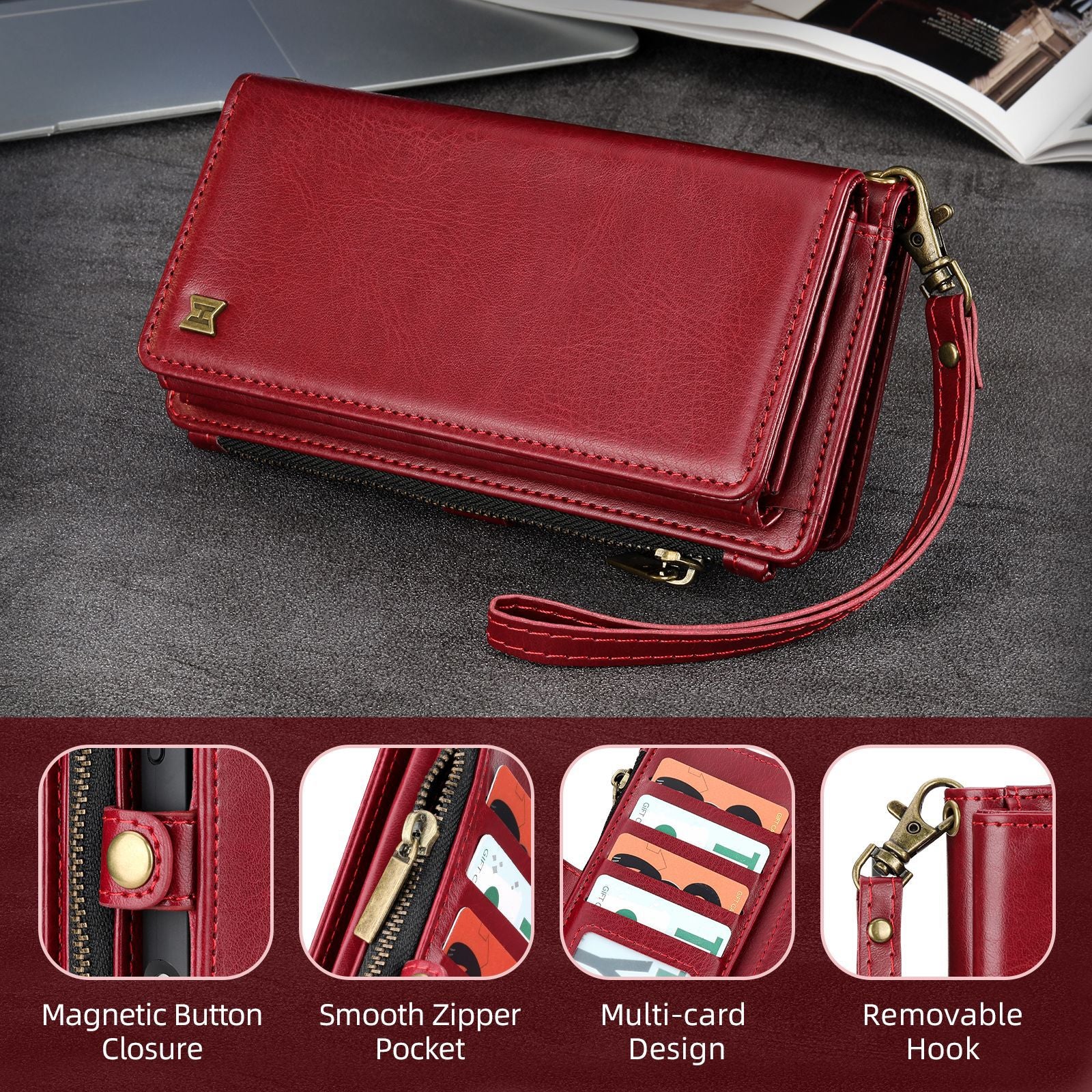 iPhone Series PU Leather Wallet Case – Magnetic Detachable, 4 Card Slots, Zipper Pocket, Cash Slot & Wrist Strap – Available in Red, Brown, Black