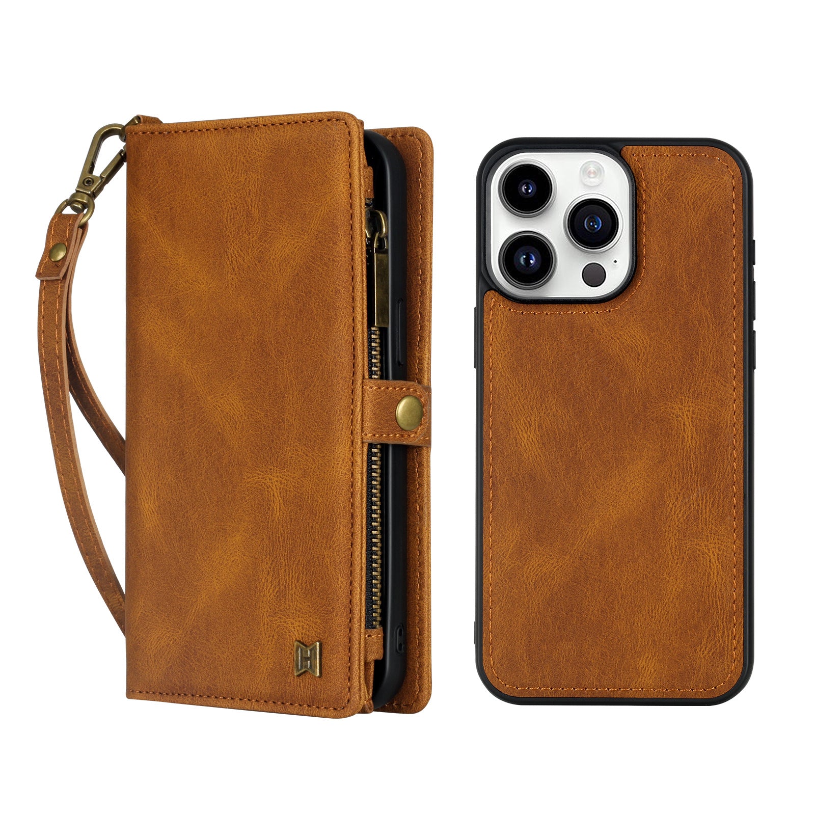 iPhone Series PU Suede Leather Wallet Case – Magnetic Detachable, 5 Card Slots, Zipper Pocket & Wrist Strap