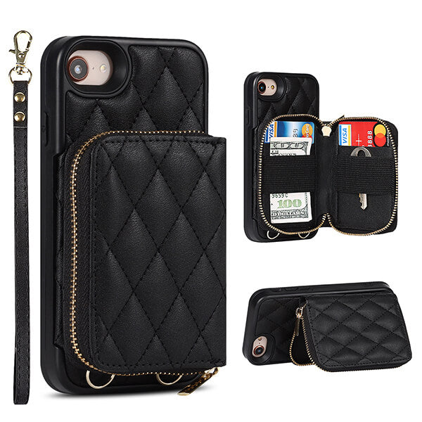 iPhone Diamond Pattern Crossbody Phone Wallet Case with Detachable Card Holder and Wrist Strap