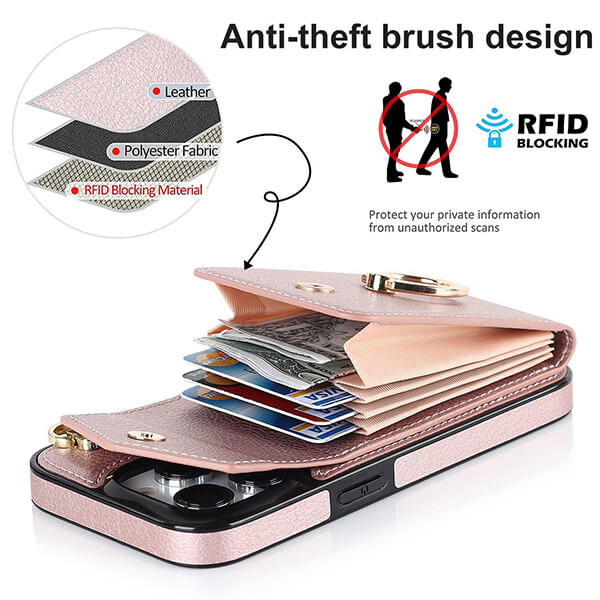 Phone Case Wallet with Card Pocket and Wristlet Strap for iPhone