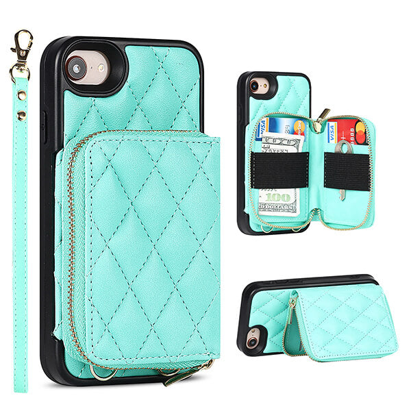 iPhone Diamond Pattern Crossbody Phone Wallet Case with Detachable Card Holder and Wrist Strap