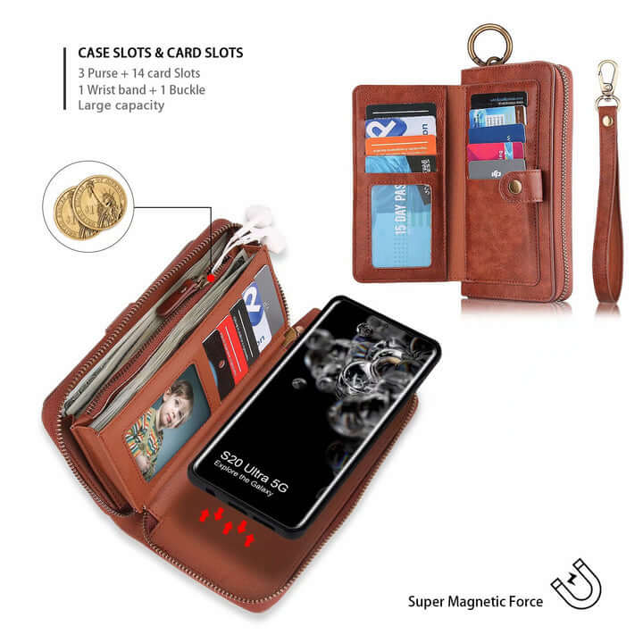 Samsung Galaxy S22 Series Vintage Multi Card Slots Magnetic Phone Case Wallet with Wrist Band/ Strap and Key Ring