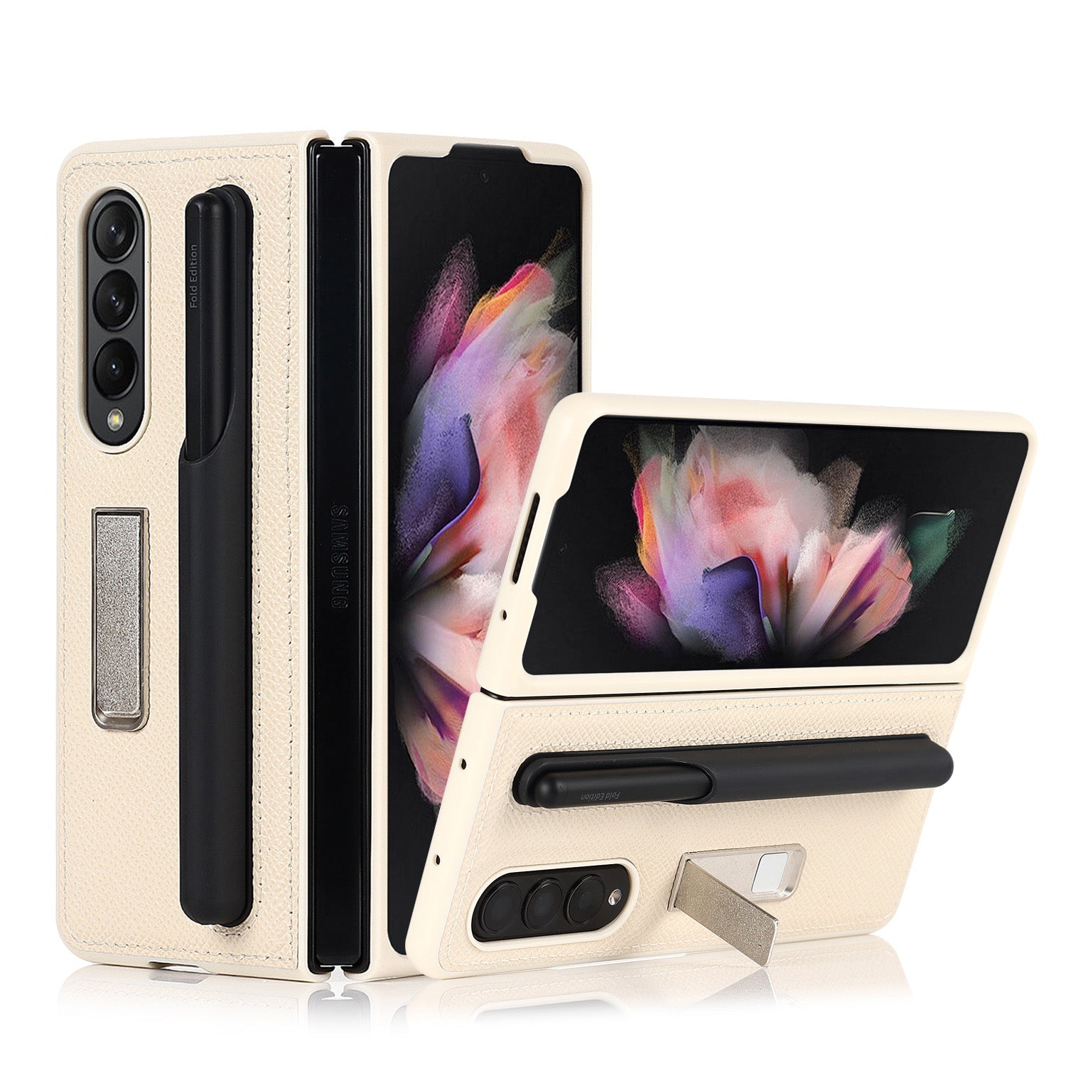 Samsung Galaxy Z Fold 3 Saffiano Leather Case with Detachable S Pen Holder & Kickstand (S-Pen is not Included)-popmoca-Mobile Phone Cases 