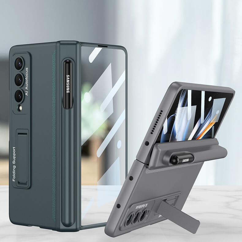 Samsung Galaxy Z Fold 4 Hinge Coverage Protective Case with Built-in Magnetic Kickstand PC Shockproof Cover