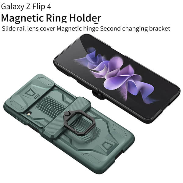 Samsung Galaxy Z Flip 4 Magnetic Protective Case with Ring Holder and Slide Lens Cover