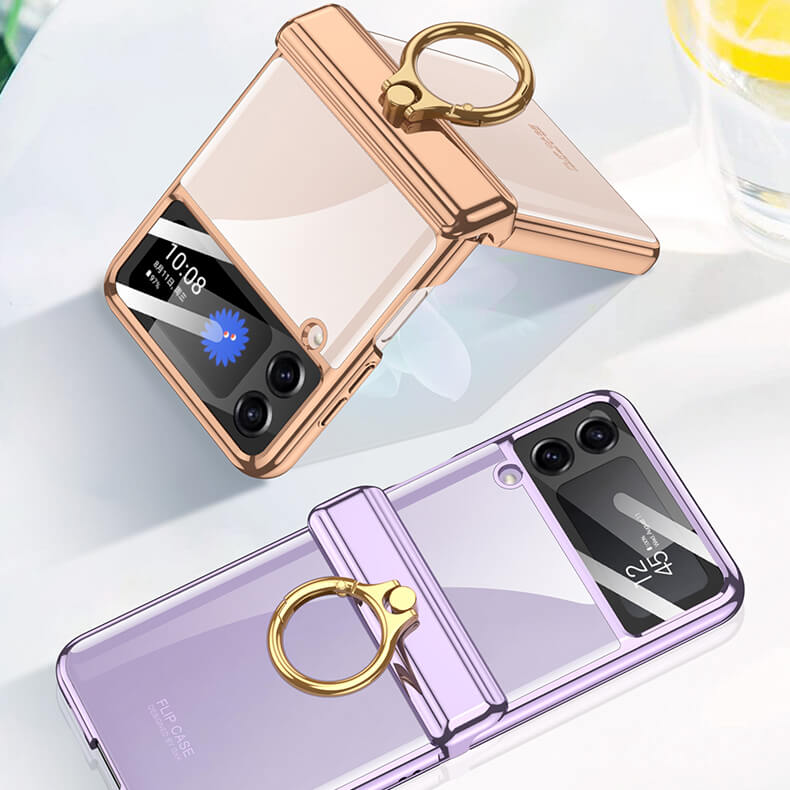 Samsung Galaxy Z Flip 4 Transparent Case with Hinge Protection, Ring Holder and Small Screen Film
