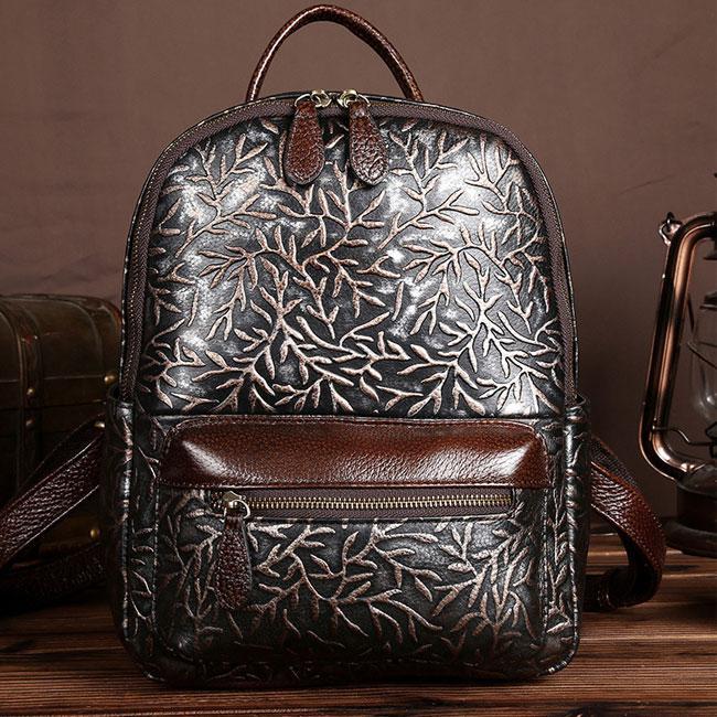 Women's Retro Real Leather Handmade  Branch 3D Carved Large College Backpack-popmoca-Backpacks 