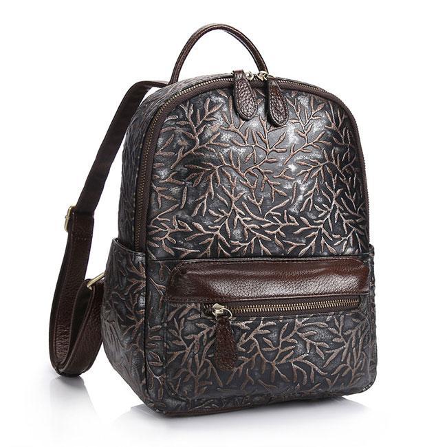 carved leather backpack Purse. Hand Tooled Leather, Multi-Pocket, and Cotton Lining shaped straps are more than a small trim detail Women's Retro Real Leather Handmade