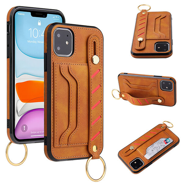 Multi-Card Slots Phone Wallet Case with Wrist Band Kickstand for iPhone