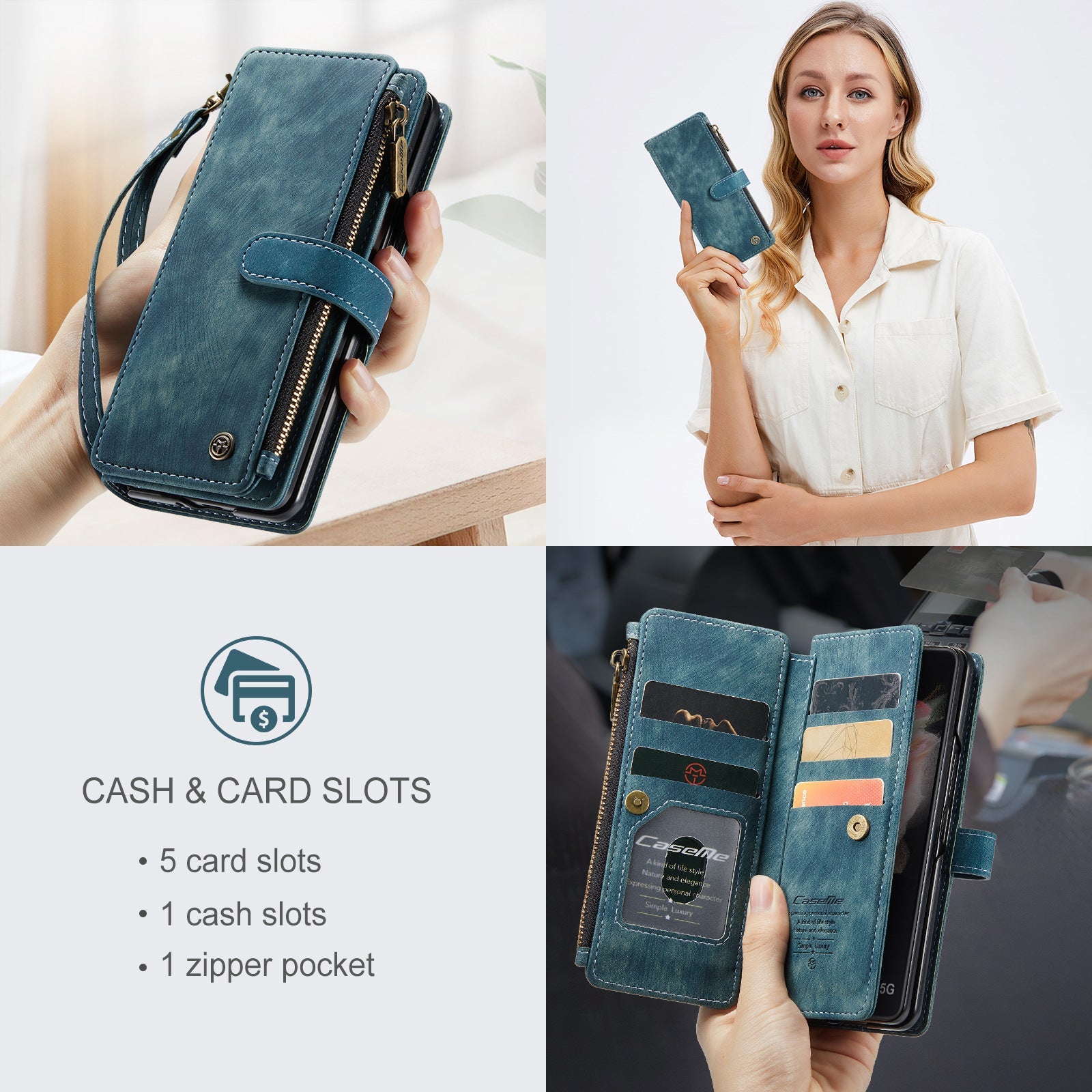 Zipper Wallet Phone Case with Card Holder Wrist Strap For Samsung Galaxy Z Fold 4, Z Fold 3