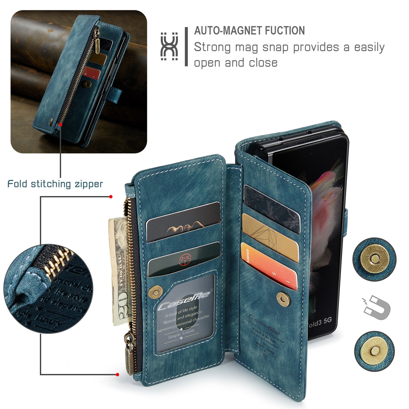Zipper Wallet Phone Case with Card Holder Wrist Strap For Samsung Galaxy Z Fold 4, Z Fold 3