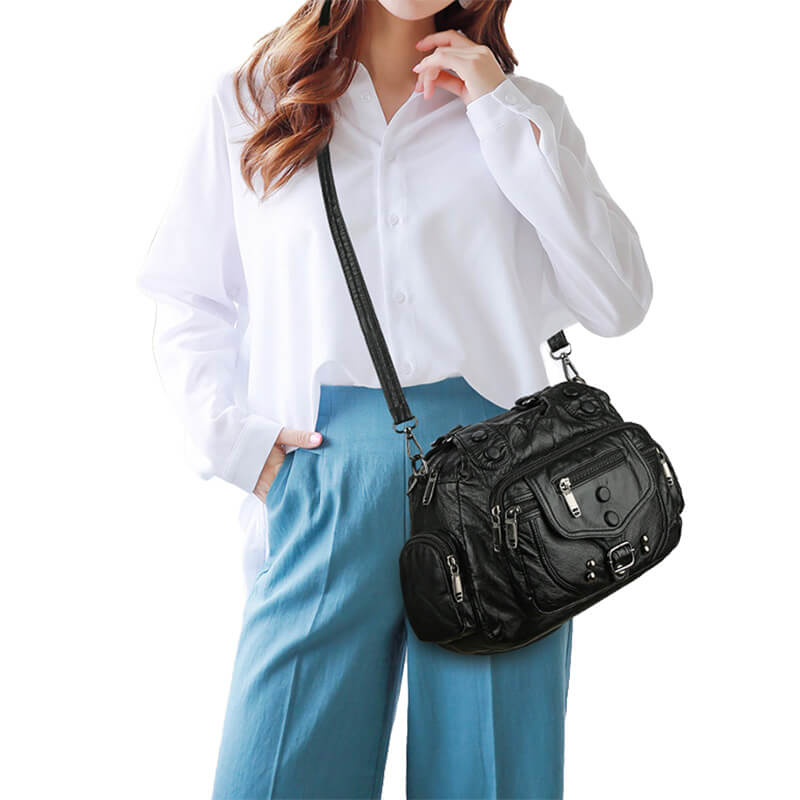 Women Washed Leather Handbag Vintage Tote Crossbody Bag Popmoca-popmoca-Crossbody Bags 