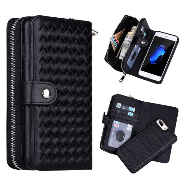 Woven Pattern Zipper Phone Wallet Case with Detachable Phone Case for iPhone
