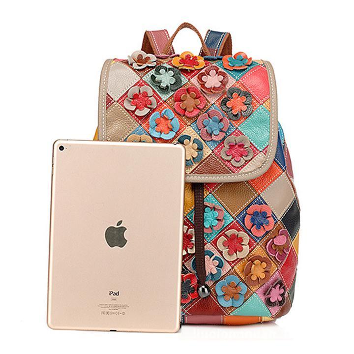 Genuine Leather Anti-theft Multicolor Flower Backpack