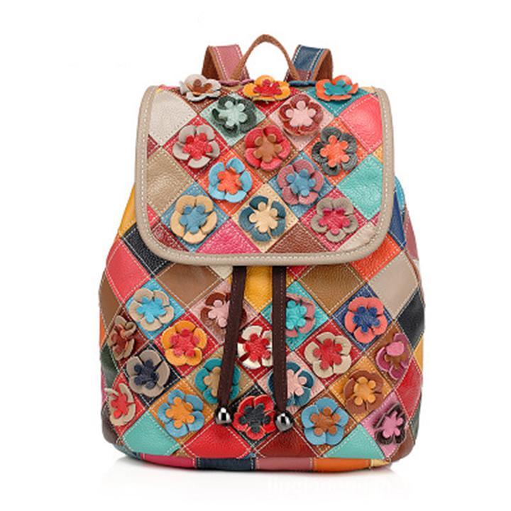 Genuine Leather Anti-theft Multicolor Flower Backpack-popmoca-Backpacks 