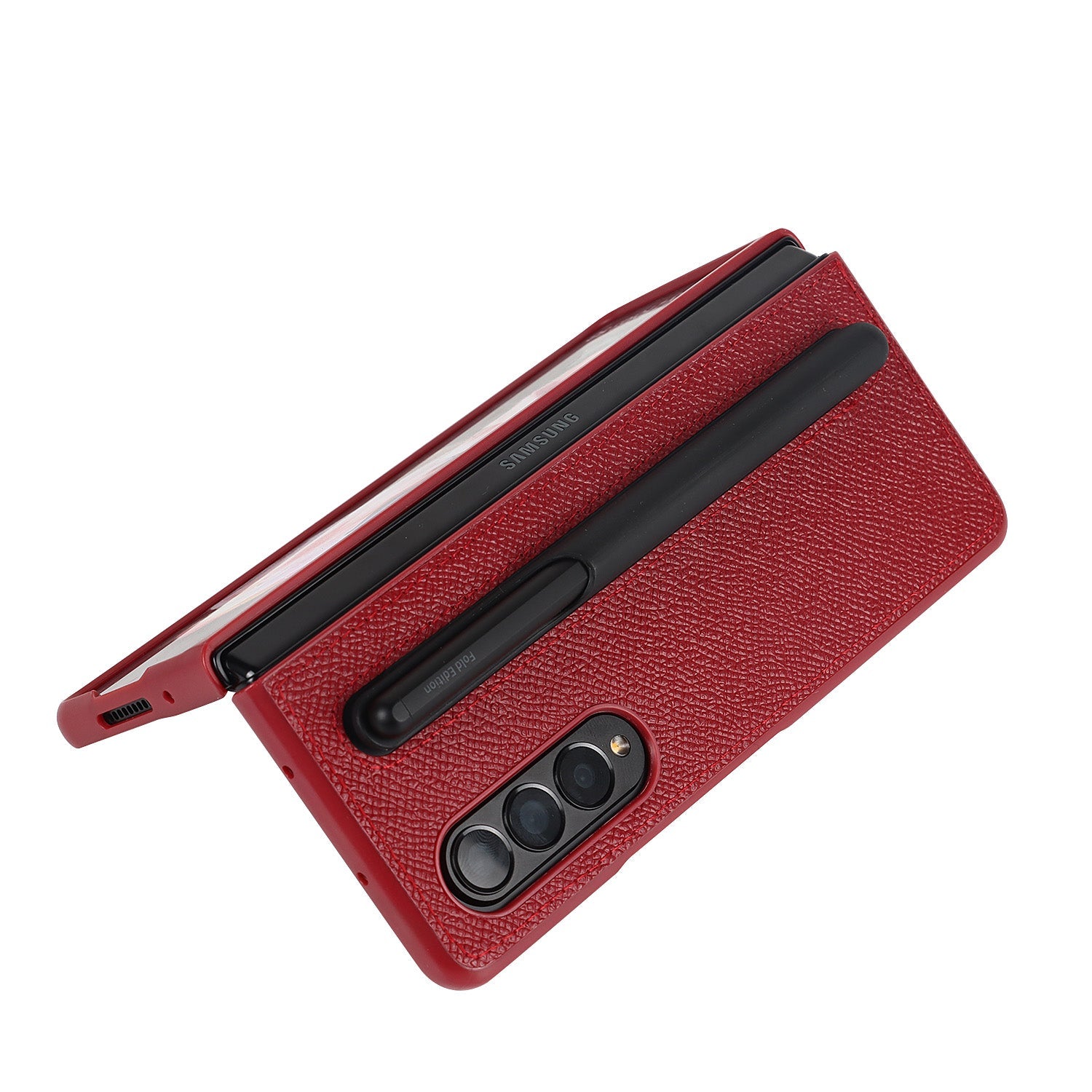 Samsung Galaxy Z Fold 3 Cowhide Leather Case with Detachable S Pen Holder (S-Pen is not Included)