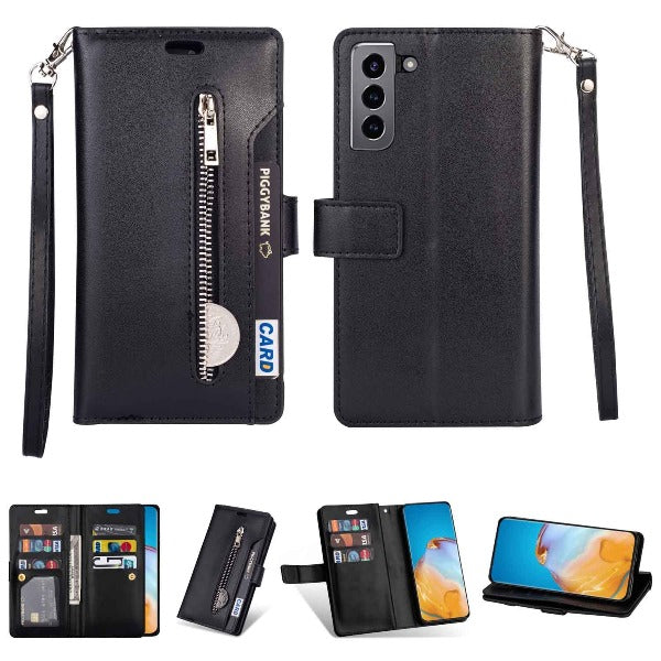 Samsung Zipper Phone Case Wallet with Card Slots and Wrist Strap For Samsung Galaxy S22 S22 Ultra S22 Plus