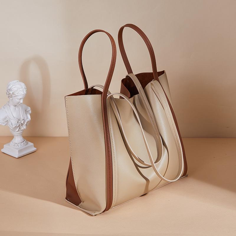 Brown-Khaki Dual Color 2-in-1 Large Capacity Leather Tote Handbag-popmoca-Shopping Totes 