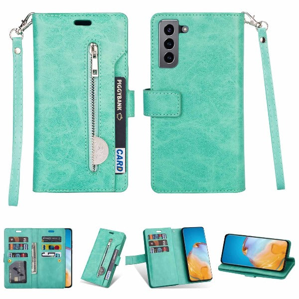 Samsung Zipper Phone Case Wallet with Card Slots and Wrist Strap For Samsung Galaxy S22 S22 Ultra S22 Plus