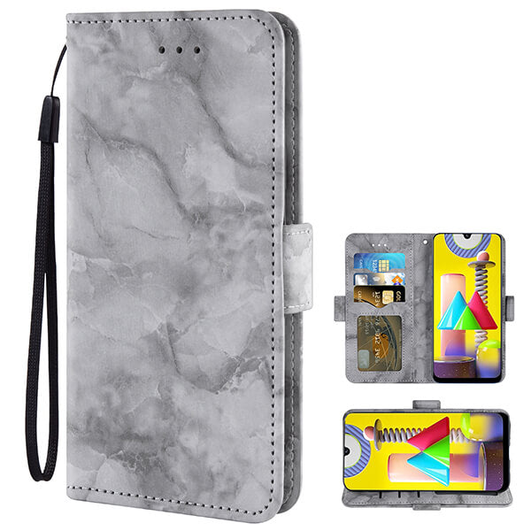 Samsung Galaxy Z Fold 3 Marble Pattern Phone Wallet Case with Card Holder and Wrist Strap