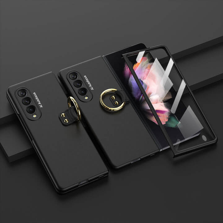 Samsung Galaxy Z Fold 3 Protective Phone Case with Ring and Tempered Glass Protective Film