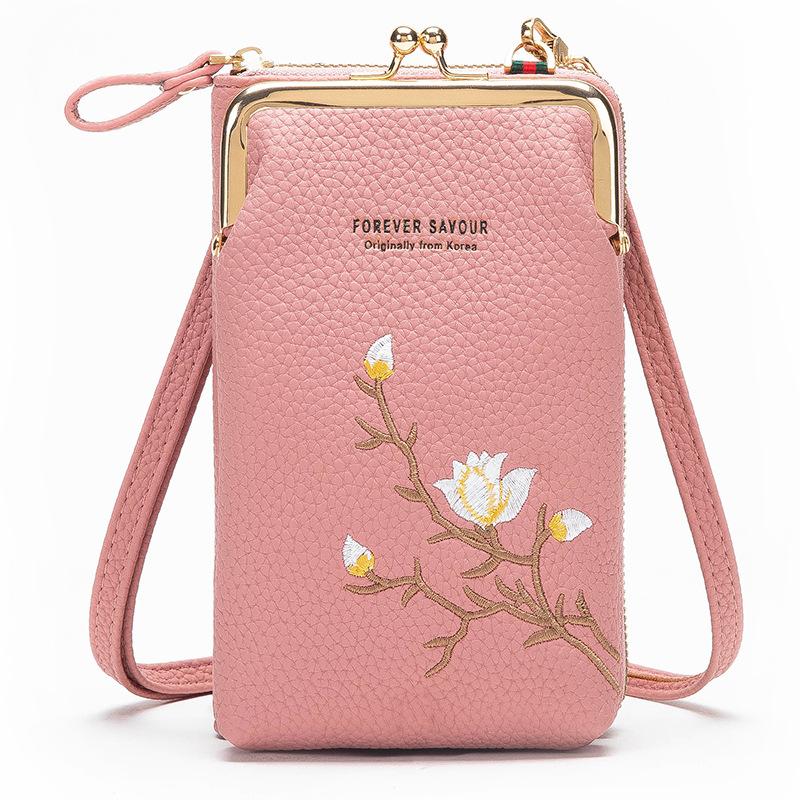 Large Capacity Multi-Funtional Embroidery Kiss Lock Phone Bag Cell Phone Wallet Purse- Vertical-popmoca-Crossbody Phone Bags 