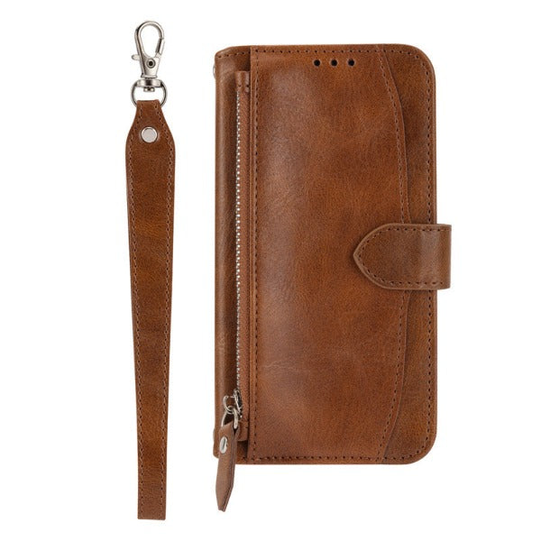 Oil Wax Zipper Phone Case Wallet with Wrist Strap and Card Slots for iPhone